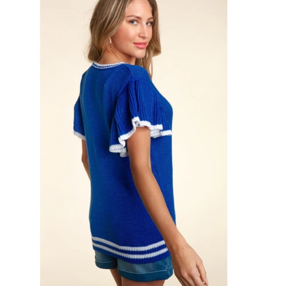 Blue Ruffle Sleeve Knit Top - Picture 2 of 3
